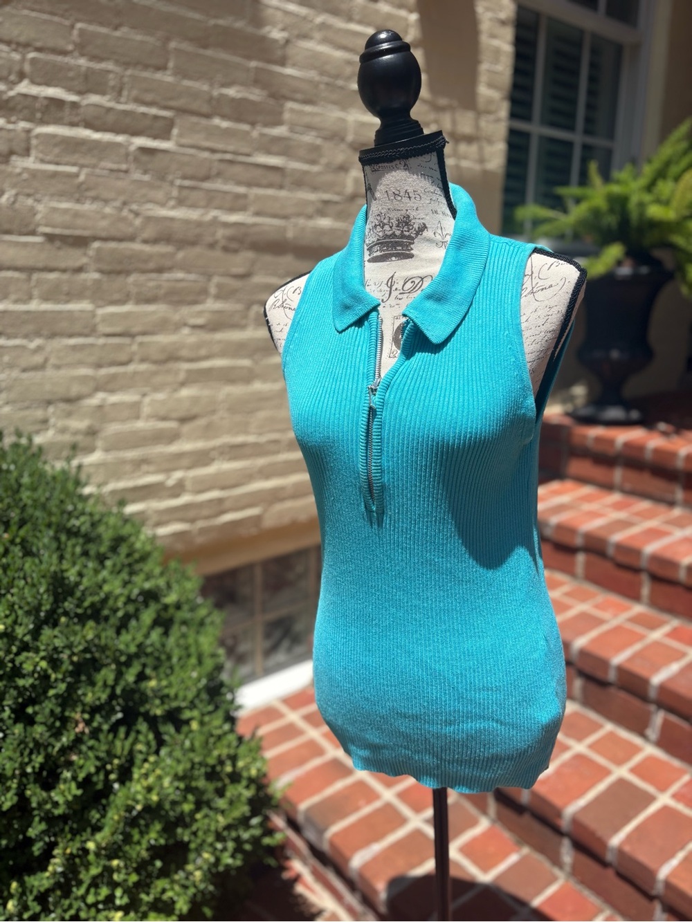 Boston Proper Sleeveless Ribbed Polo Tank Top - Turquoise
